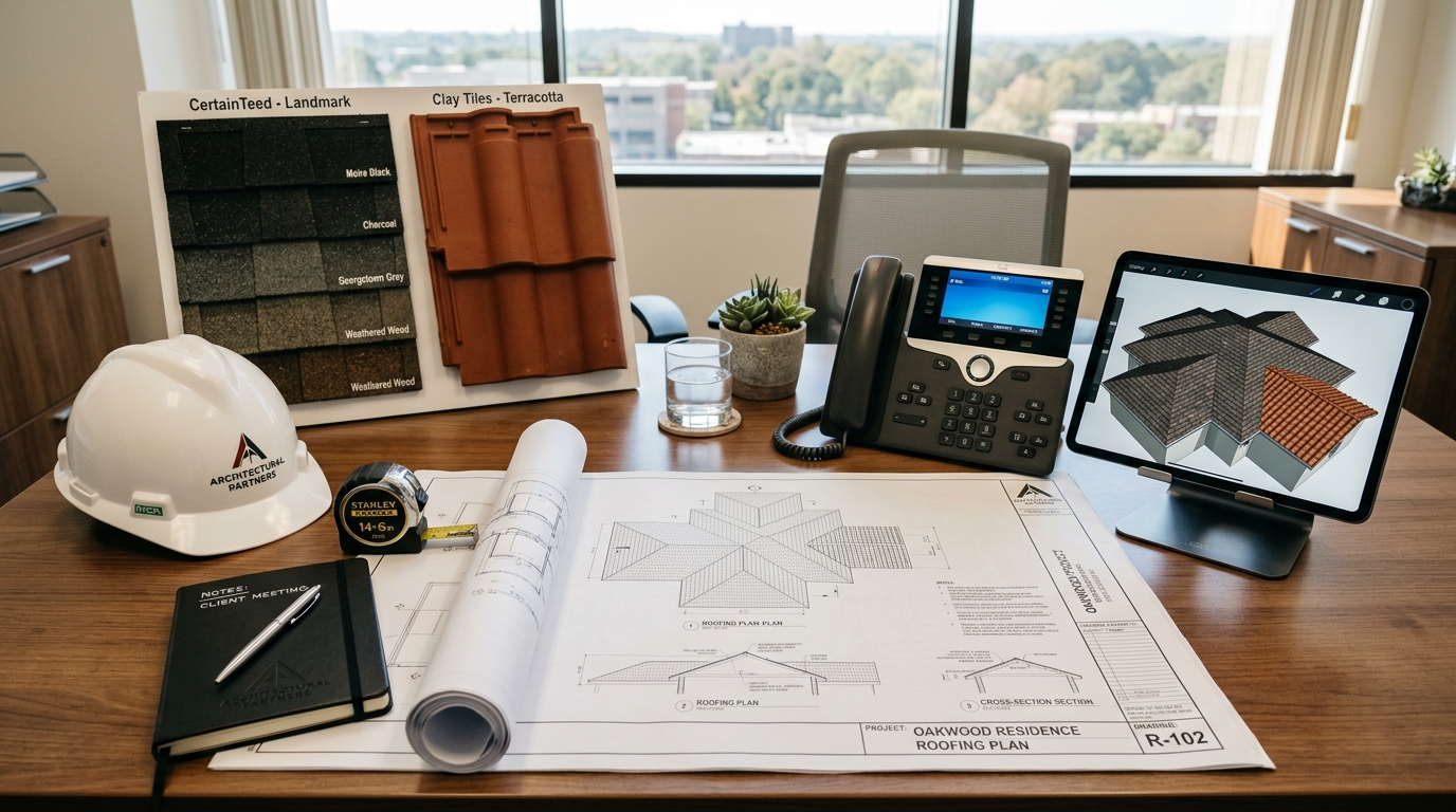 Elbac Roofing consultation planning desk with blueprints, CertainTeed shingle samples, and digital roofing visualizer