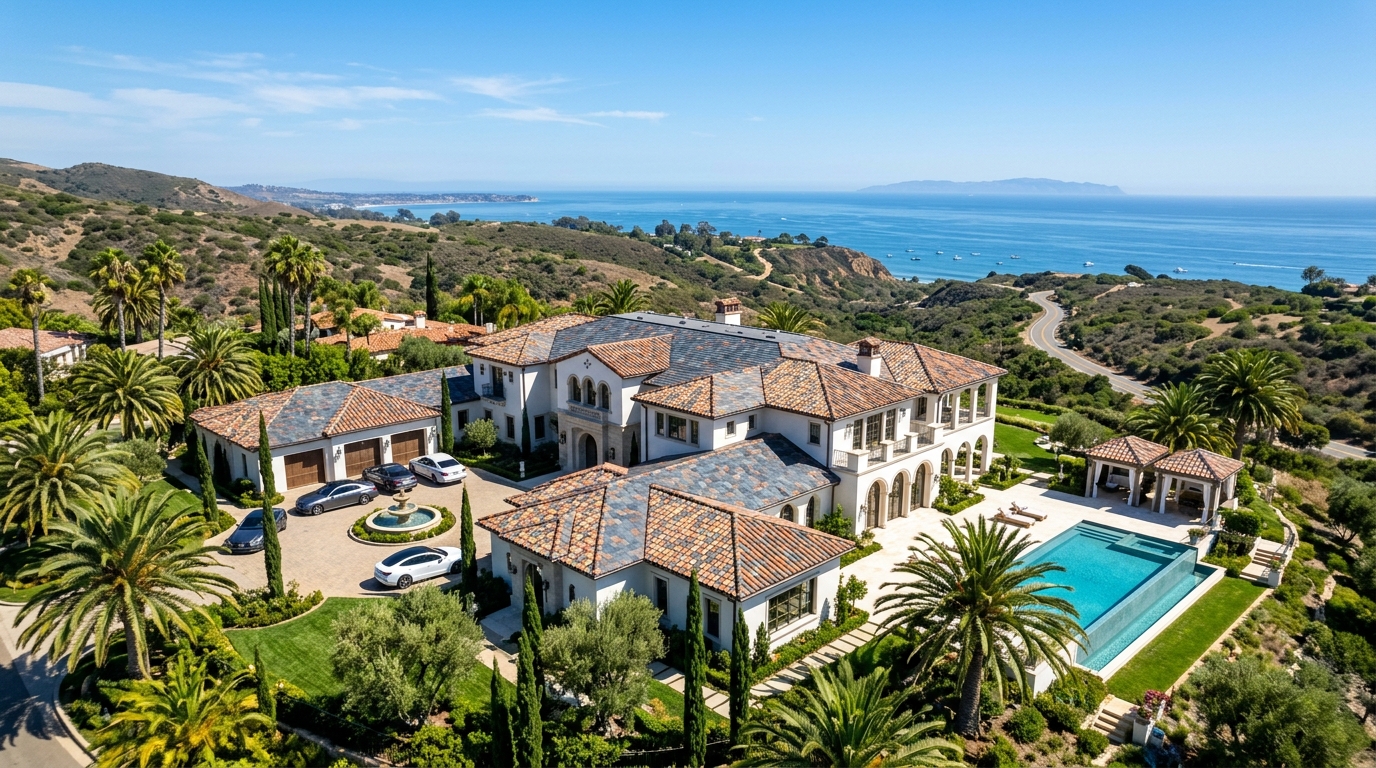 Aerial view of luxury Southern California home with new shingle and tile roof installed by Elbac Roofing
