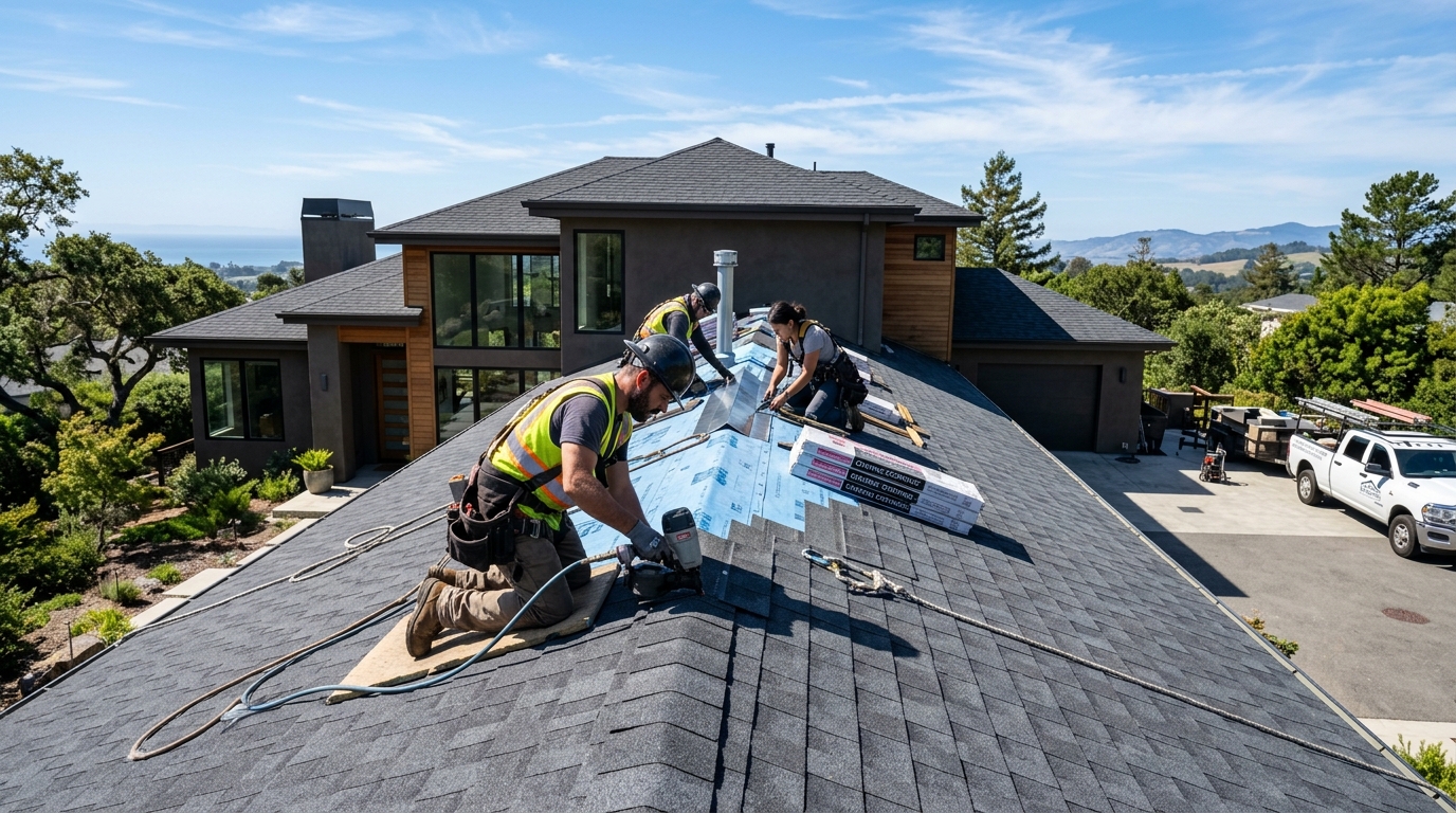 Certified Elbac Roofing crew installing architectural shingles and flashing in Southern California